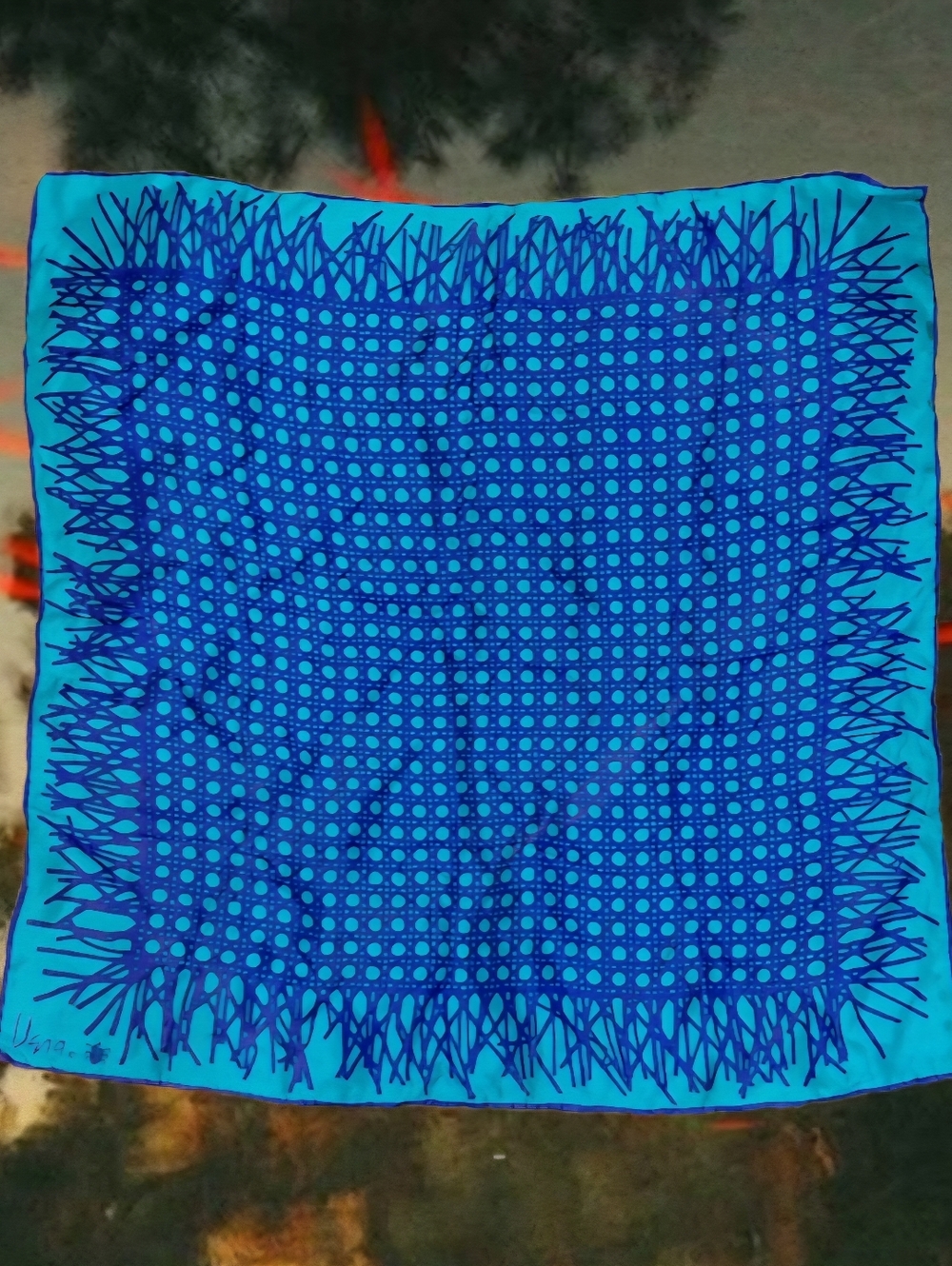 Vintage Vera Neumann Scarf Big Ladybug Abstract %100 Silk Hand Rolled Hem Blue